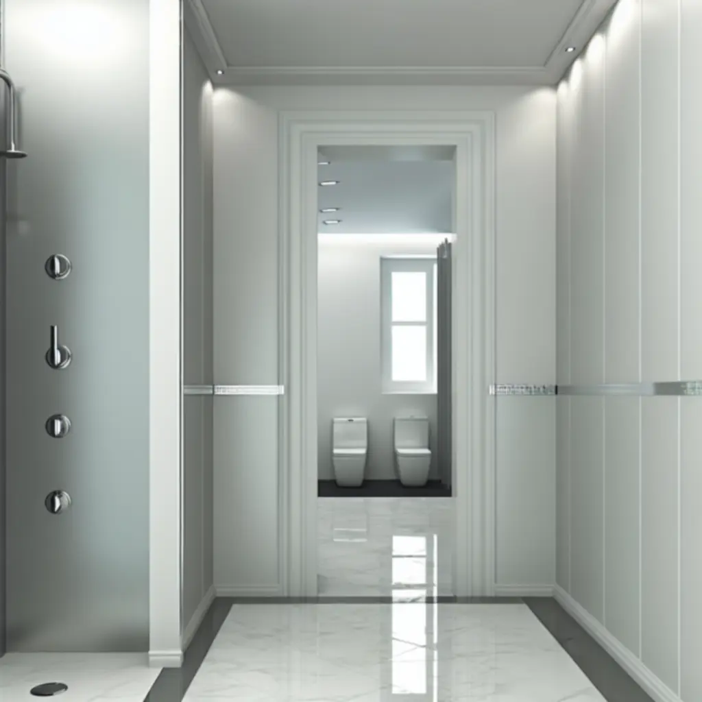 Nowoczesna łazienka z panelami wodoodpornymi i gładkimi, pomalowanymi ścianami