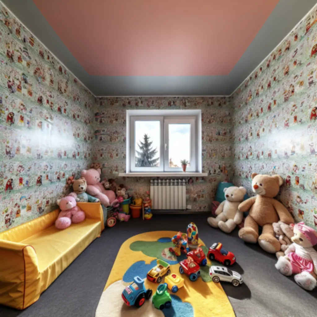 Kolorowy pokój dziecięcy z tapetą w motyw bajkowy i funkcjonalną podłogą