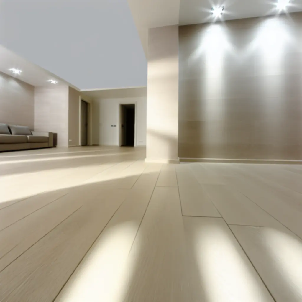 Salon z nowoczesną podłogą i eleganckim wykończeniem ścian