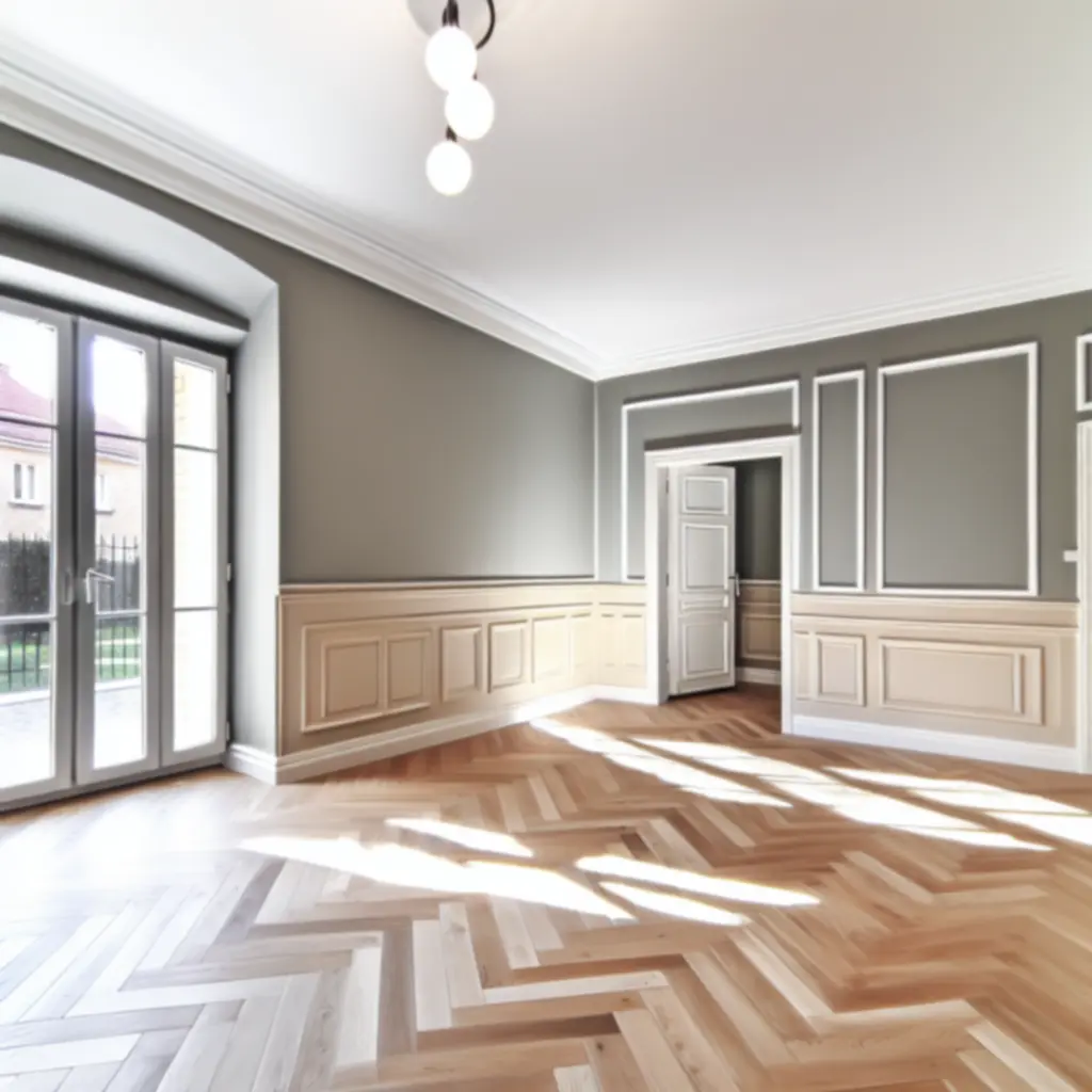 Nowoczesne wnętrze po remoncie z elegancką podłogą i wykończonymi ścianami